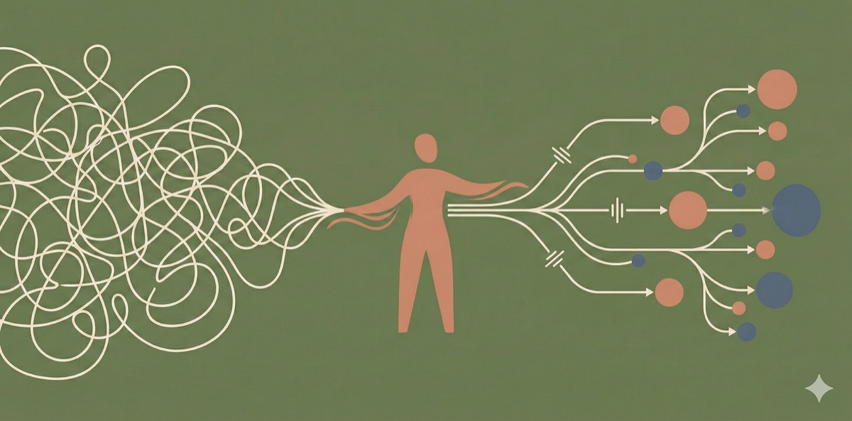 Illustration of a person untangling a chaotic knot of lines into orderly signals routed to distinct endpoints