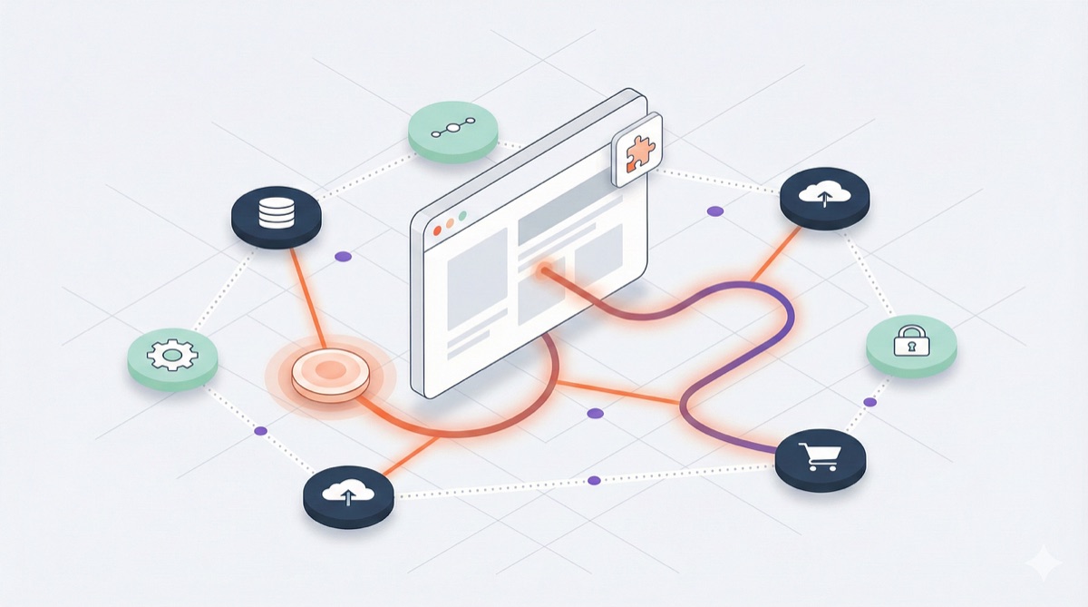 Illustration of a request leaving a browser and being tracked along its path through a mesh of microservice nodes
