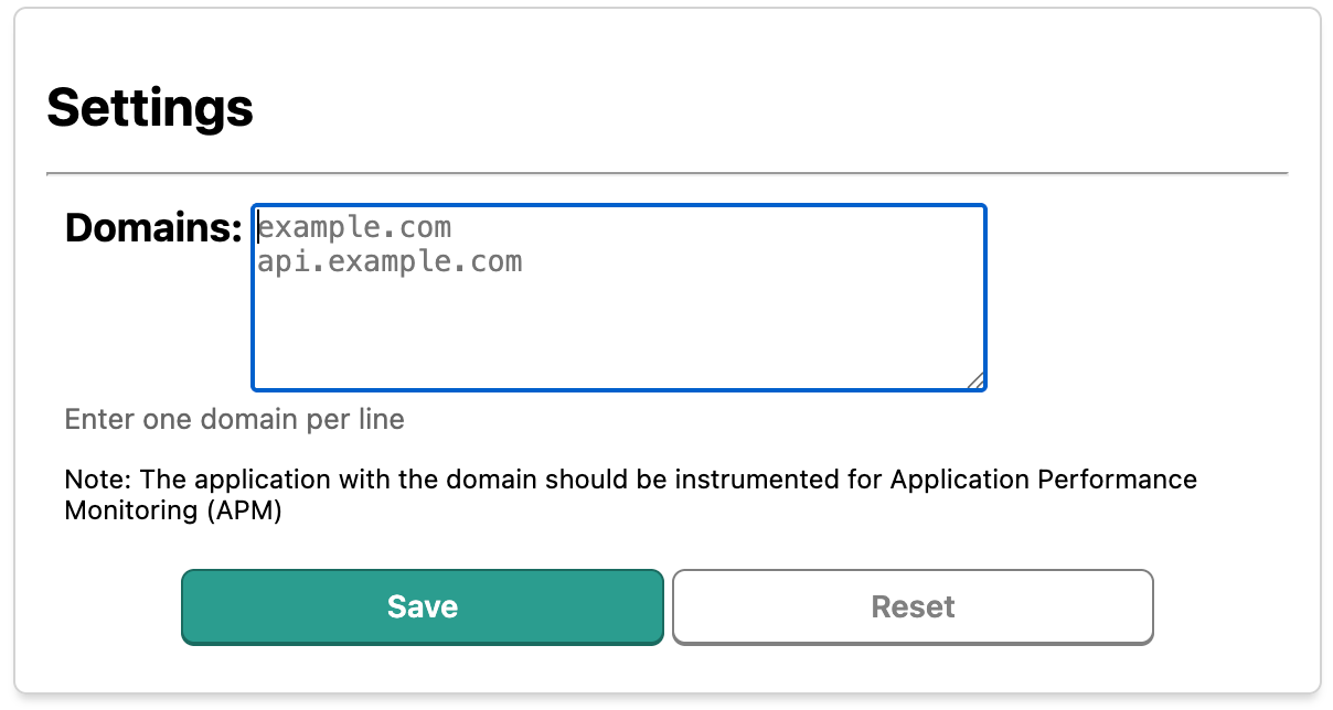 The Chrome extension's settings page, where multiple domains can be configured for tracing